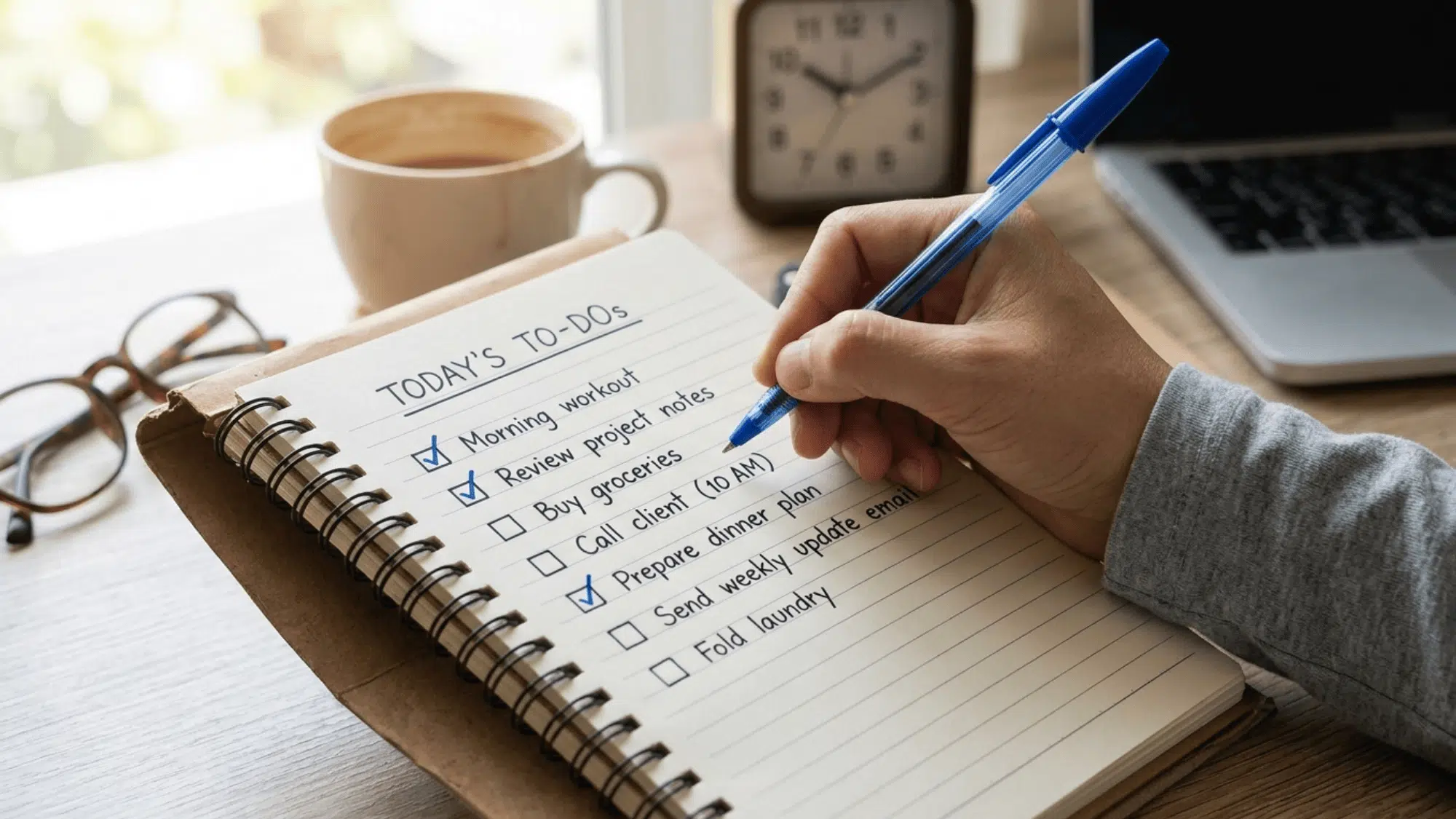 Person planning daily schedule with notebook and coffee